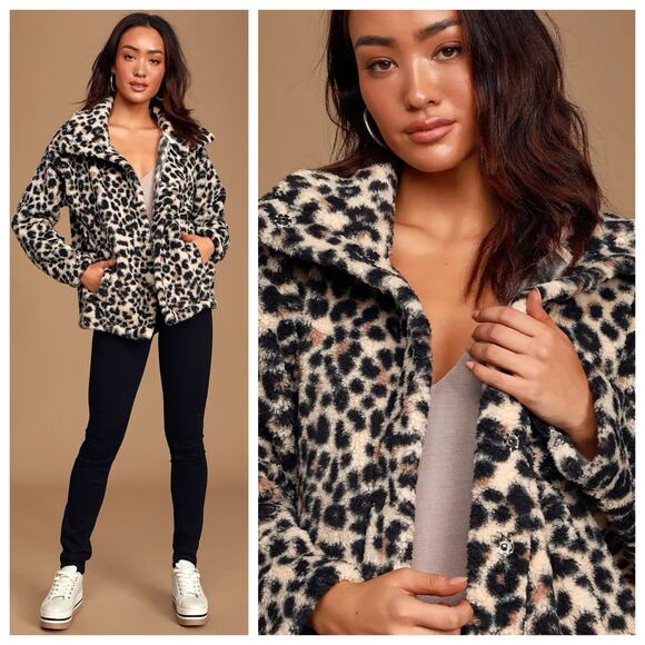 Billabong Cozy Days Leopard Print Sherpa Jacket Womens Small Fleece Teddy Coat - Picture 1 of 10
